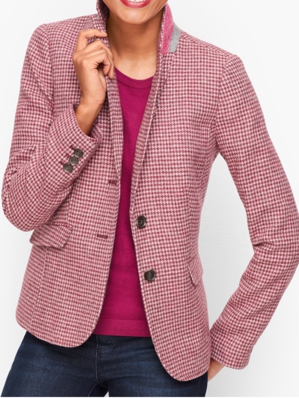 NWOT Talbots Shetland Wool Houndstooth Blazer Pink Burgundy Academia Equestrian